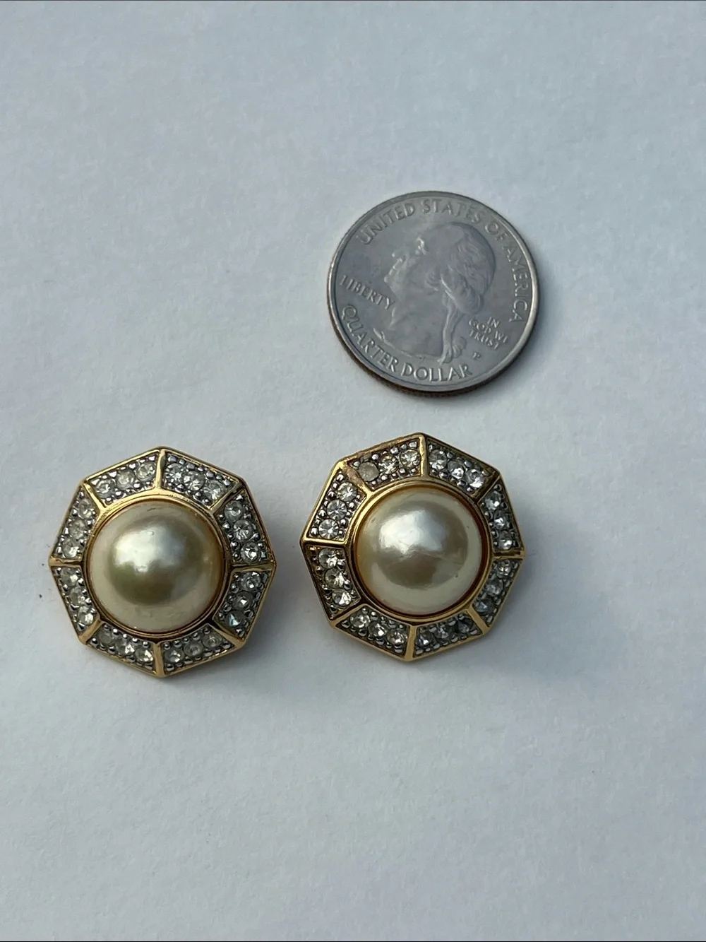 Gold Pearl & Crystal Octagon Clip On Earrings - Gold Tone Costume Jewelry
